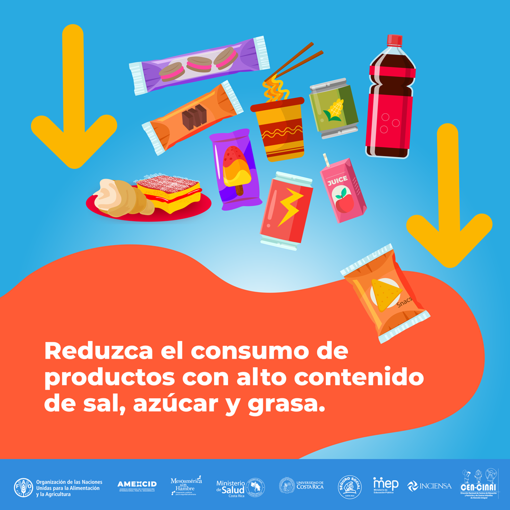 Reduzca el consumo de productos con alto contenido de sal, azúcar y grasa.