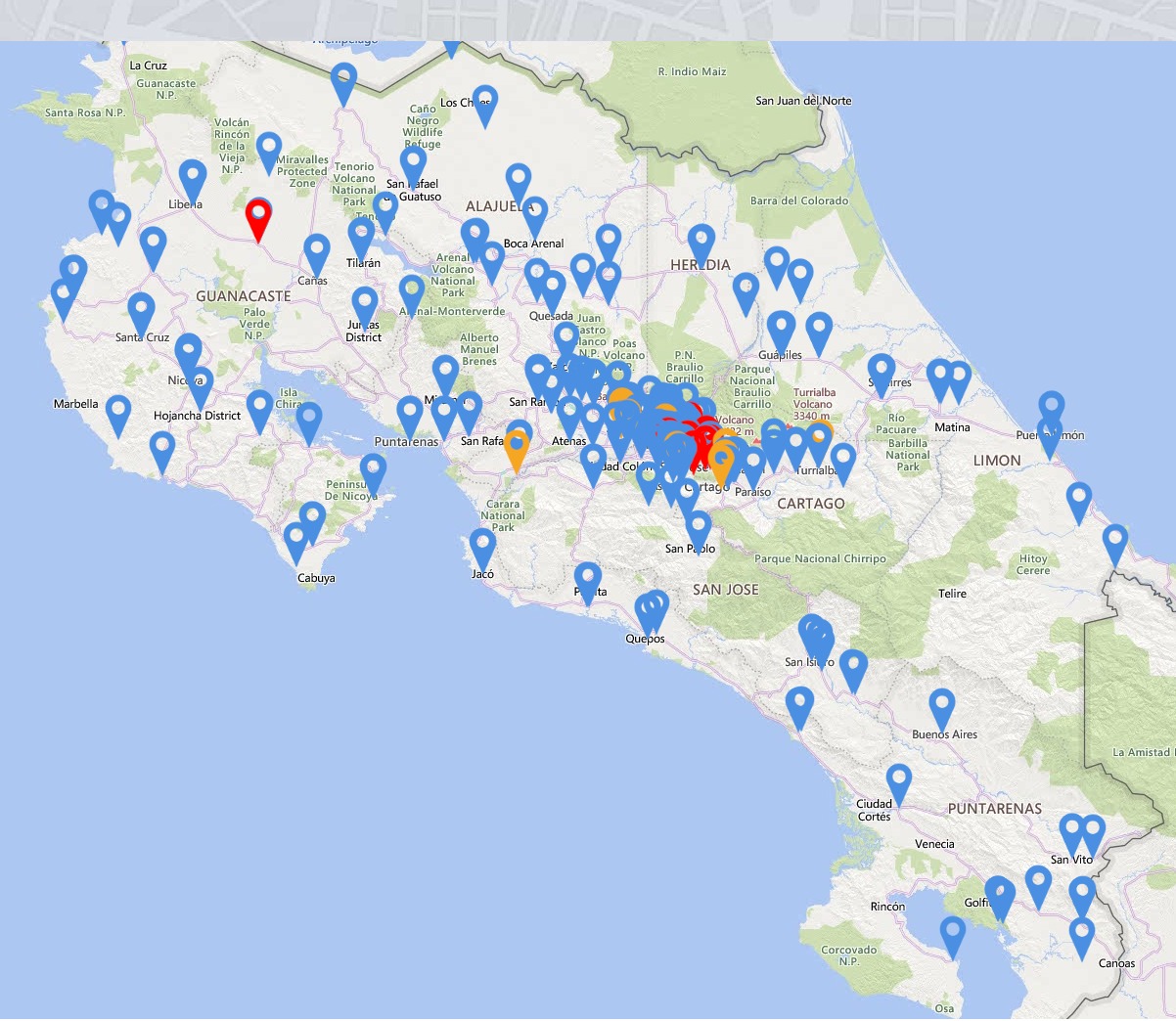 Imagen mapa de Costa Rica sobre recolección de residuos electrónicos